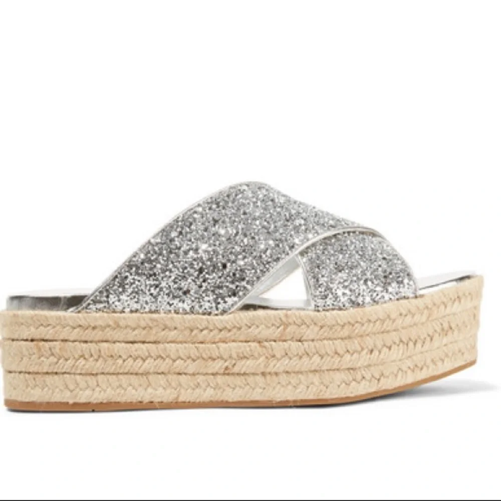 Miu Miu Glitter Espadrille Platform Sandals Silver US 11